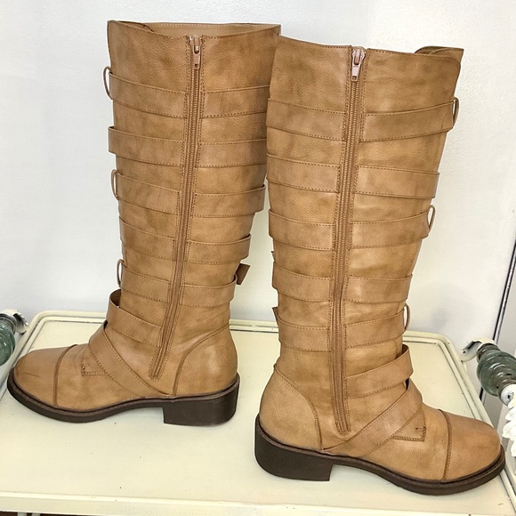 Torrid Buckle Moto Boots Size 8 Wide Tan Wide Calf Knee High Boot - Picture 2 of 14